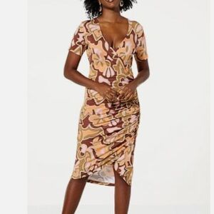 Colleen Lopez Brown Pink Orange V Neck Bodycon Surplice Ruch Waist Midi Dress XS